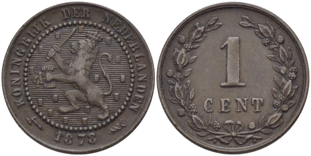 Нидерланды 1 цент 1878 Виллем III (1849-1890) KM 107 бронза 4387-1253