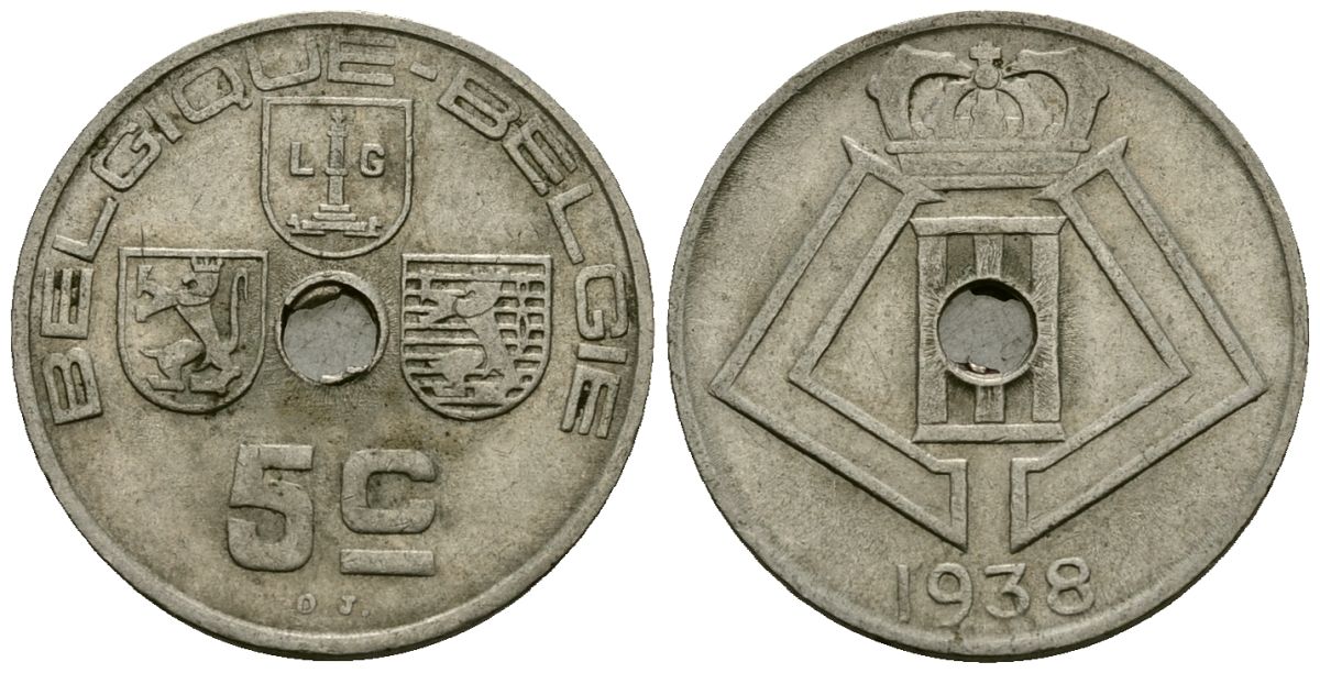 Бельгия 5 сантимов 1938 Belgique - Belgie KM 110 никель латунь 4173-623