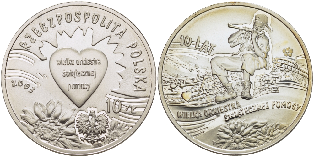 Польша 10 злотых 2003 MW, 10 лет Рождественскому оркестру KM 453 серебро PROOF 02-069-43