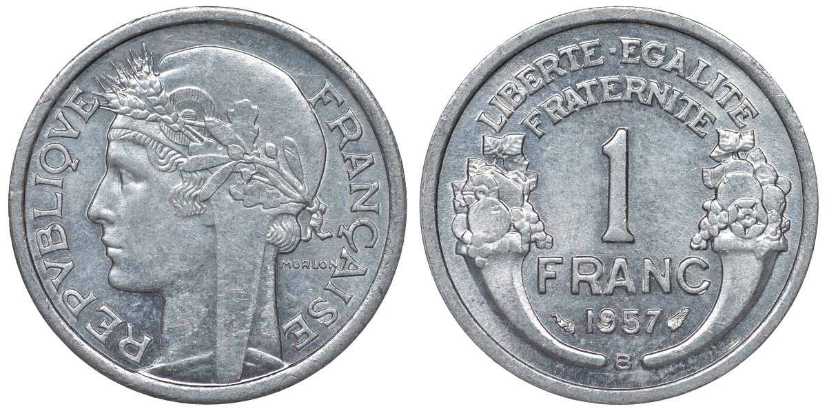 Франция 1 франк 1957 В KM 885а.2, Le Franc 221.20 алюминий 4128-337