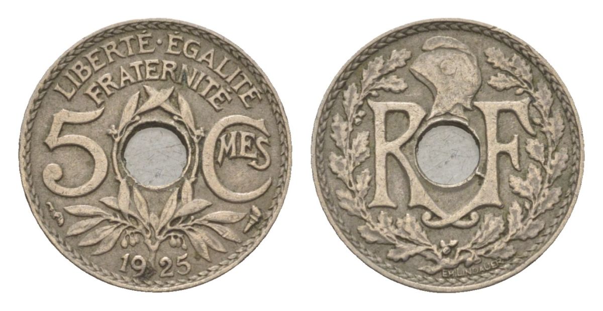 Франция 5 сантимов 1925 KM 875 медно-никель 4623-834
