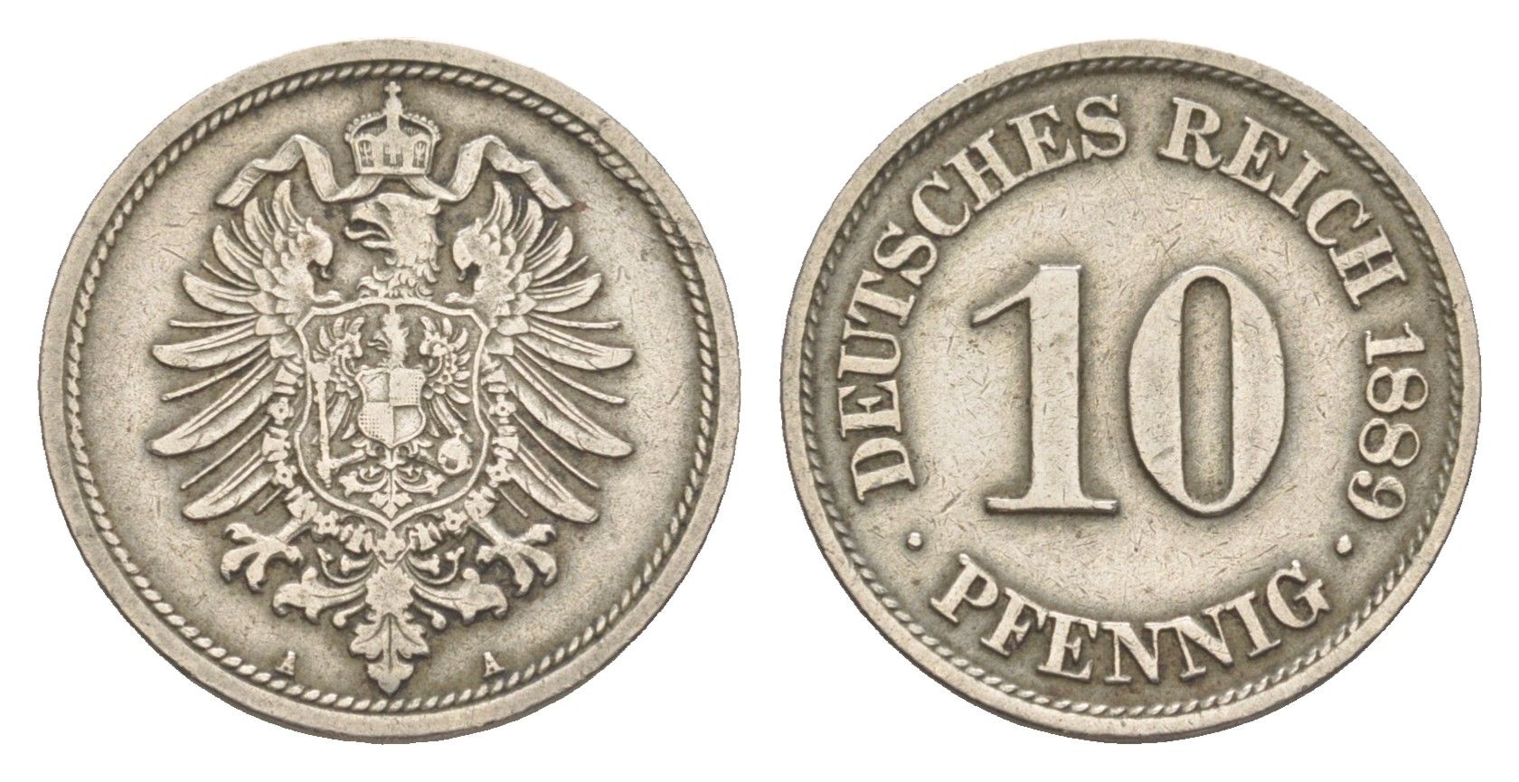 Германия 10 пфеннигов 1889 A, Вильгельм II (1888-1918) KM 4, J. 4 медно-никель 4164-428