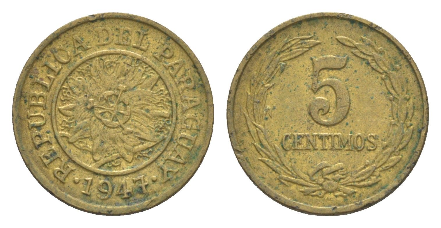 Парагвай 5 сентимо 1947 KM 21 алюминиевая бронза 4643-361