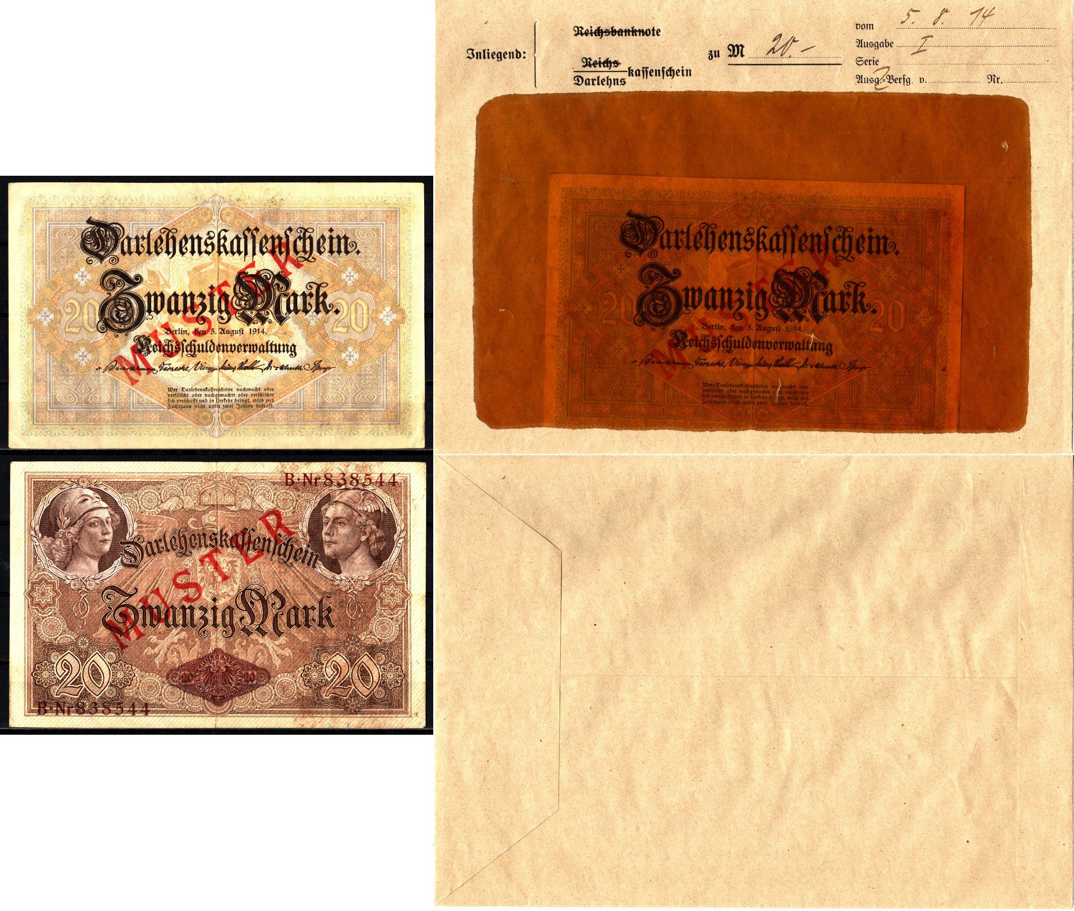 Германия 20 марок 1914 5 августа, MUSTER, образец, Specimen. В оригинальном банковском конверте. Из коллекции Отто Сейфферта (помощник Ялмара Шахта - министра экономики Германии и президента Рейхсбанка времен третьего рейха) Pick 48 s, Grabowski DEU 55 a 