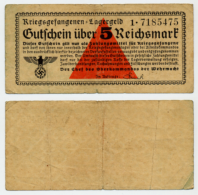 ГЕРМАНИЯ 5 РЕЙХСМАРОК 1939-1945 ЛАГЕРНЫЕ ДЕНЬГИ, ЛАГЕРЯ ДЛЯ ВОЕННОПЛЕННЫХ (LAGERGELD), ВТОРАЯ МИРОВАЯ ВОЙНА бумага UNC (ПРЕСС) 6289-38-3-1