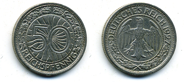 Германия 50 рейхспфеннигов 1927 A KM 49, J. 324 никель 58-116