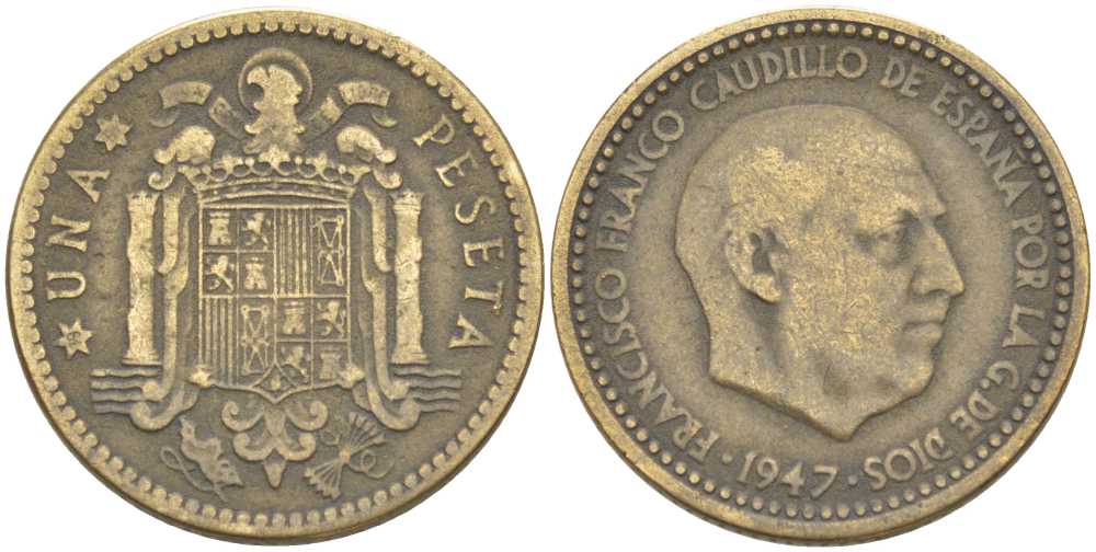 ИСПАНИЯ 1 ПЕСЕТА 1947 ФРАНСИСКО ФРАНКО ДИКТАТОР ИСПАНИИ (1939-1975) KM 775 алюминиевая бронза 213-132