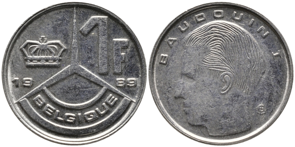 Бельгия 1 франк 1989 Belgique, Бодуэн I (1951-1993) KM 170 железо плакированное никелем 99-1222