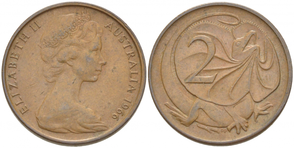 Австралия 2 цента 1966 Елизавета II (1952-), плащеносная ящерица KM 63 бронза 3457-622