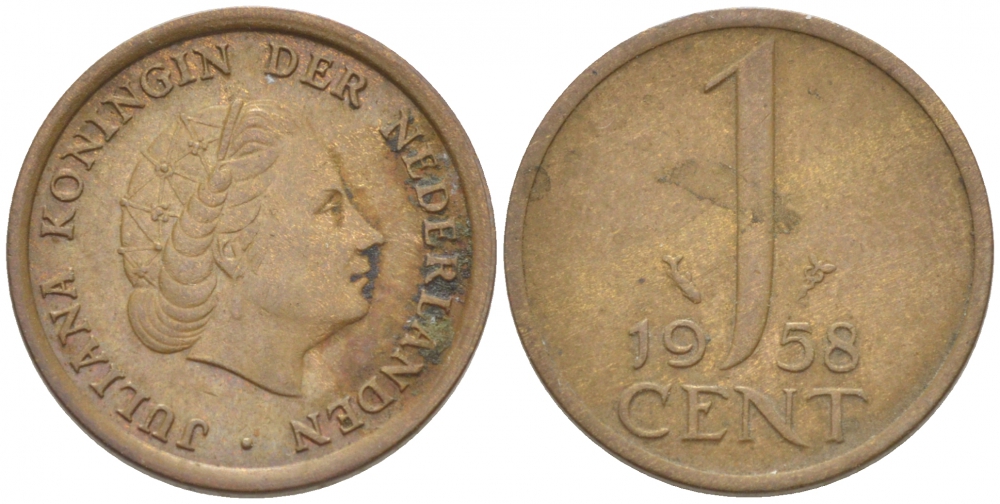 НИДЕРЛАНДЫ 1 ЦЕНТ 1958 ЮЛИАНА KM 180 бронза 3955-243