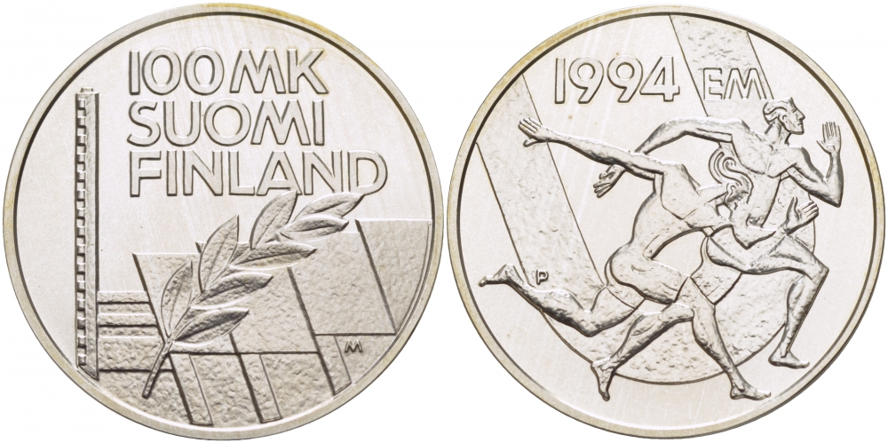 Финляндия 100 марок 1994 стадион дружбы, бег KM 78 серебро UNC 1515-1141