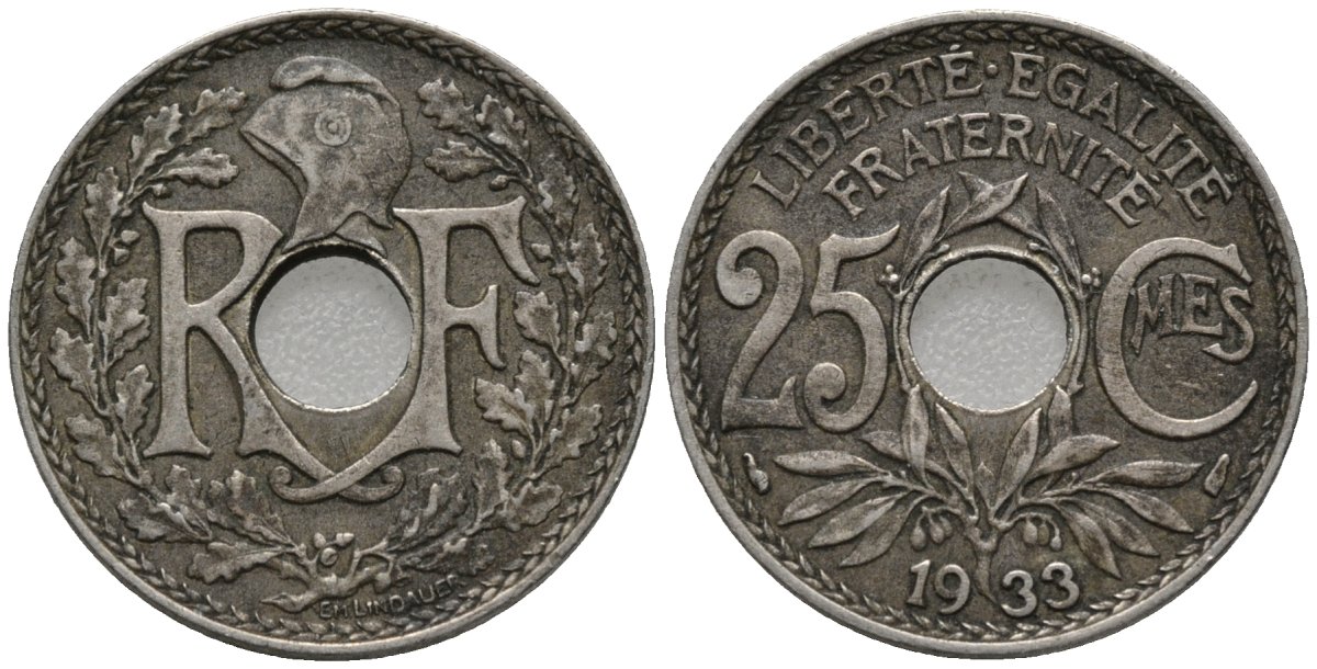 Франция 25 сантимов 1933 тип Линдауэр KM 867a, Le Franc 171 медно-никель 4577-734