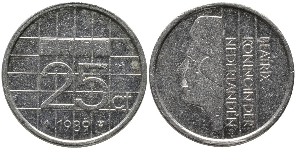 НИДЕРЛАНДЫ 25 ЦЕНТОВ 1989 БЕАТРИКС KM 204 никель 96-1259