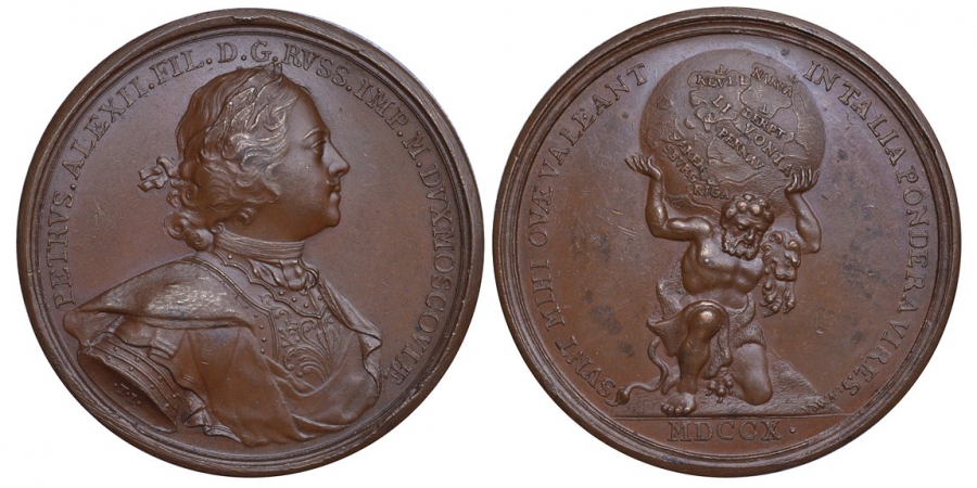 Россия медаль 1710 (поздний чекан) завоевание Лифляндии, 46,8 мм, 53,8 гр Дьяков 38.6 бронза 10-015-26