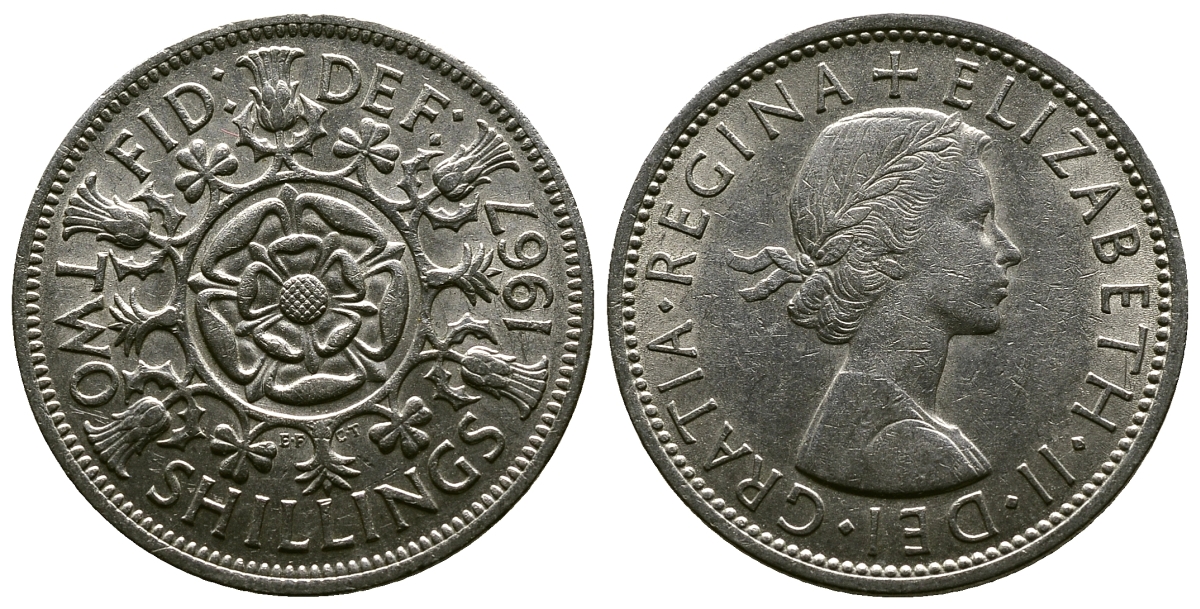 Великобритания 2 шиллинга (флорин) 1967 Елизавета II (1952-2022) KM 906, Spink 4146 медно-никель 4382-736