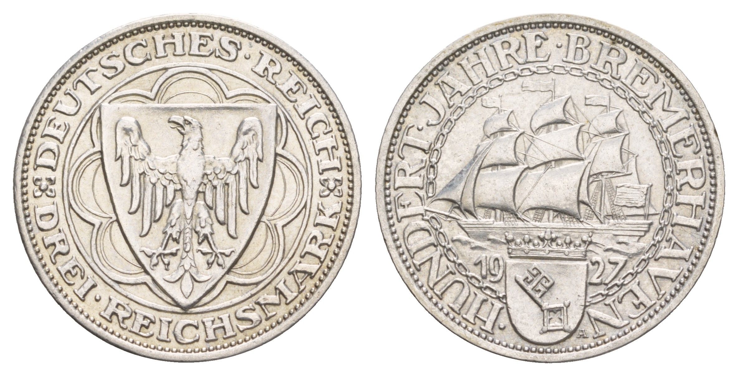 Германия 3 рейхсмарки 1927 100 лет Бремерхафену KM 50 серебро 00-902-03