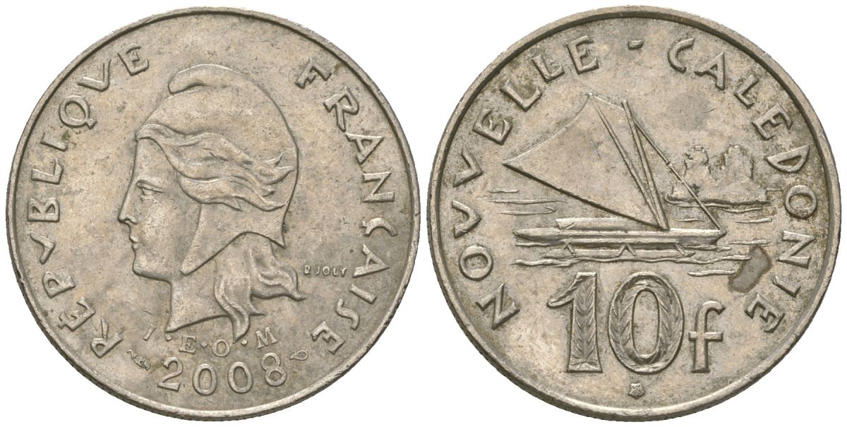 Французская Новая Каледония 10 франков 2008 рыбачья парусная лодка, (IEOM) KM 11a, Schoen 13a, Lec 99k медно-никель 60-343