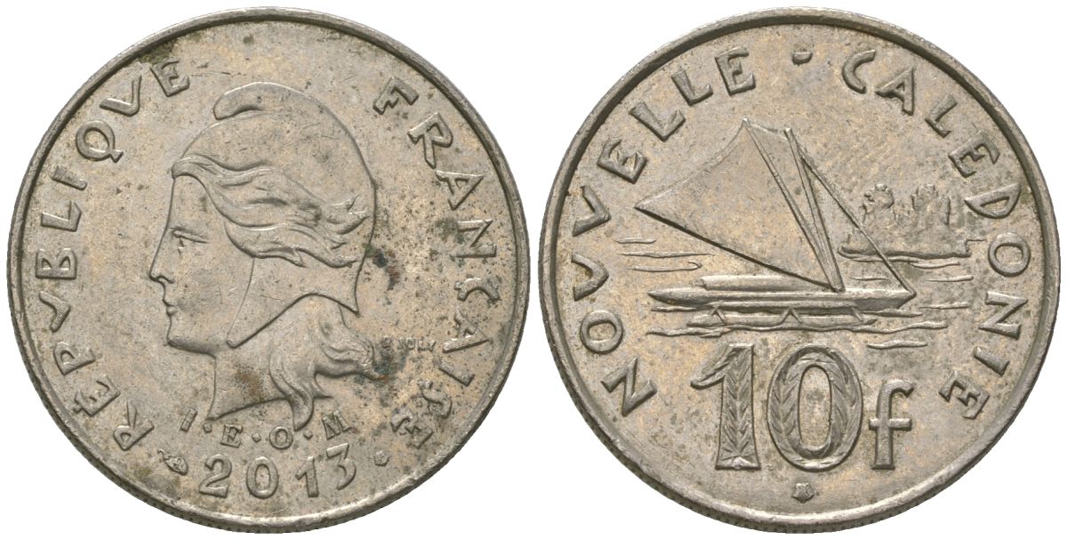 Французская Новая Каледония 10 франков 2013 рыбачья парусная лодка, (IEOM) KM 11a, Schoen 13a, Lec 99k медно-никель 67-245