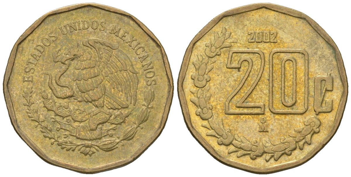 Мексика 20 сентаво 2002 M KM 548 алюминиевая бронза 4598-752