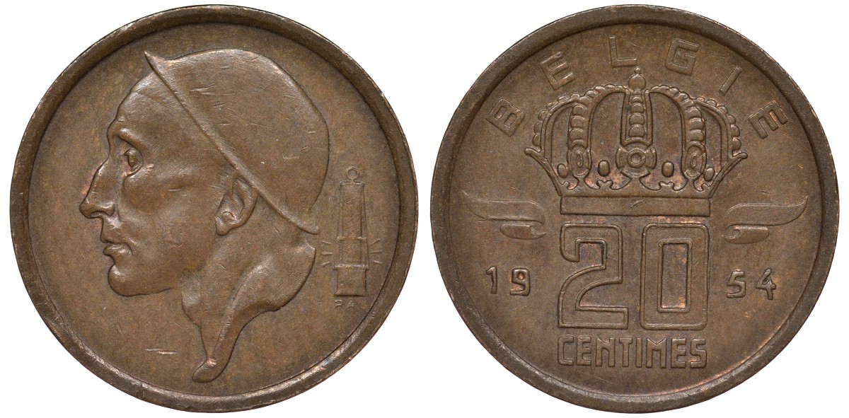 Бельгия 20 сантимов 1954 Belgie KM 147.1 бронза 4164-164