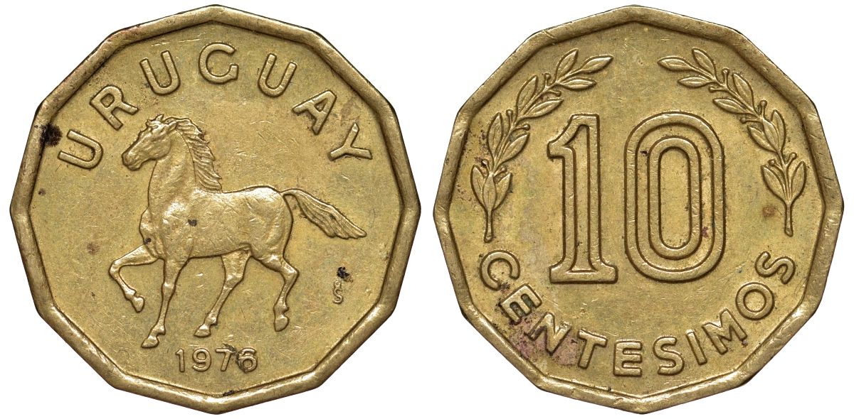 Уругвай 10 сентесимо 1976 KM 66 алюминиевая бронза 4164-738