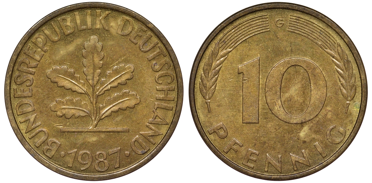 ФРГ 10 пфеннигов 1987 G KM 108, J. 383 сталь плакированная латунью 62-1235