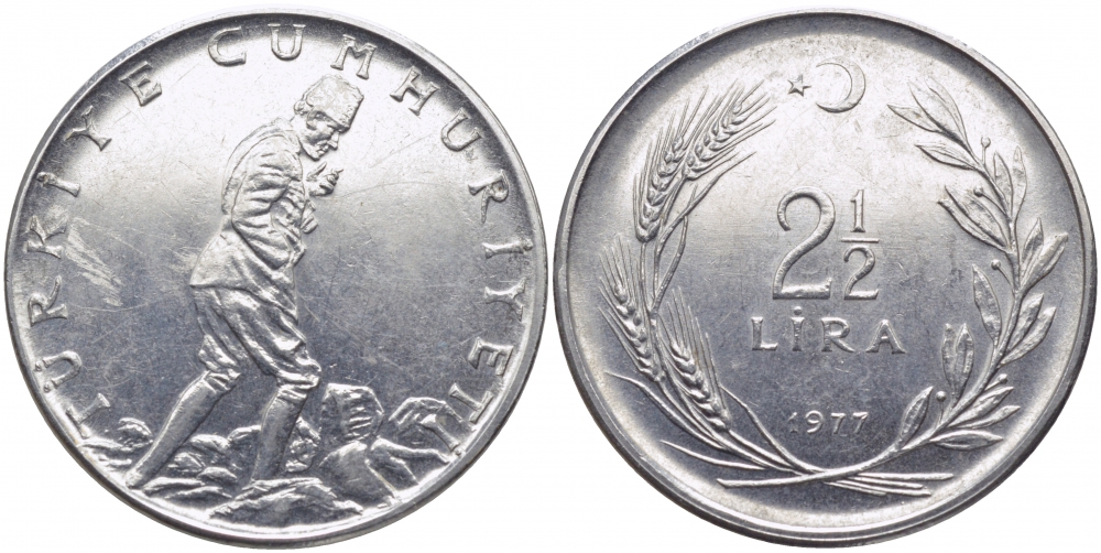 ТУРЦИЯ 2 1/2 ЛИРЫ 1977 KM 893.2 сталь 111-724