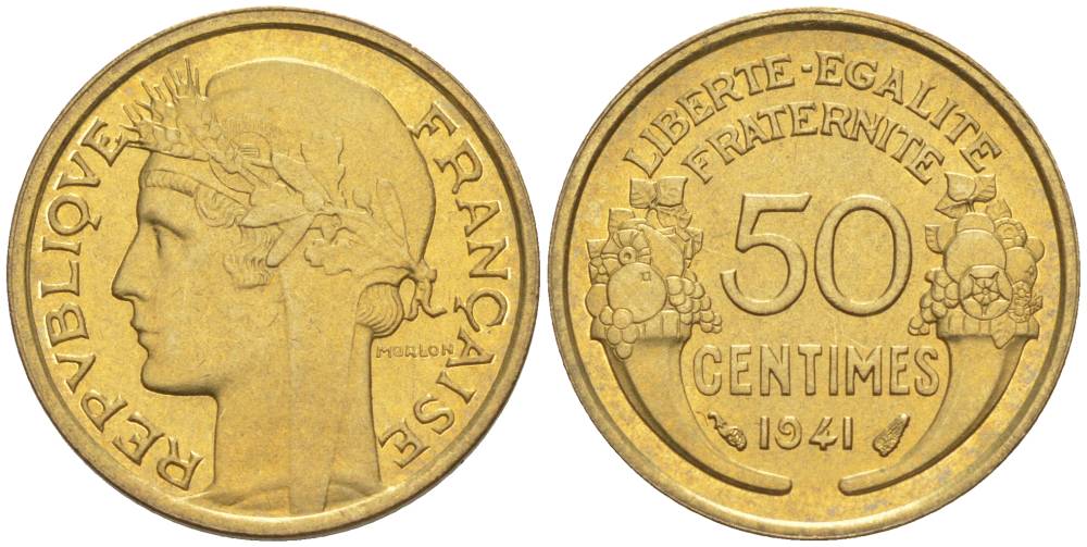 ФРАНЦИЯ 50 САНТИМОВ 1941 ТИП MORLON KM 894.1, LE FRANC 192.18 алюминиевая бронза 44-556