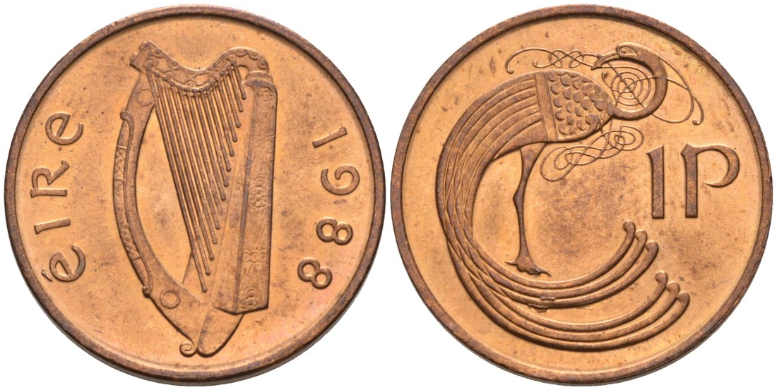 Ирландия 1 пенни 1988 птичка KM 20 бронза UNC 92-156