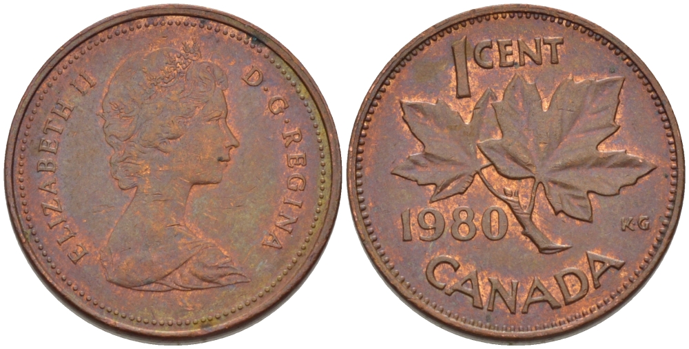 Канада 1 цент 1980 Елизавета II (1952-2022), кленовый лист KM 127 бронза 75-522
