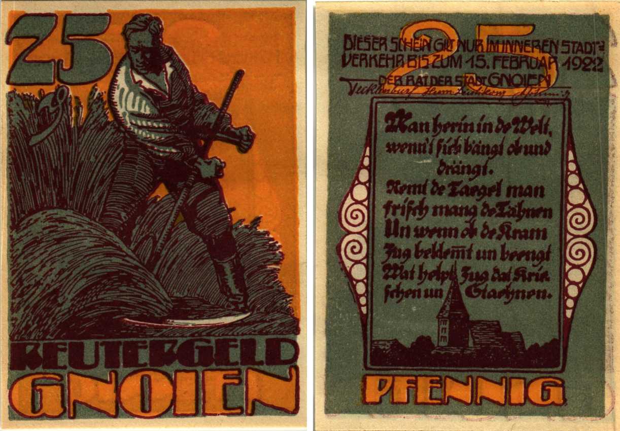 ГНОЙЕН 25 ПФЕННИГОВ 1922 НОТГЕЛЬД, 1922 - 15 ФЕВРАЛЯ 1922, ЗЕМЛЯ МЕКЛЕНБУРГ-ПЕРЕДНЯЯ ПОМЕРАНИЯ Grabowski 444.1а бумага 6318-48-1-3