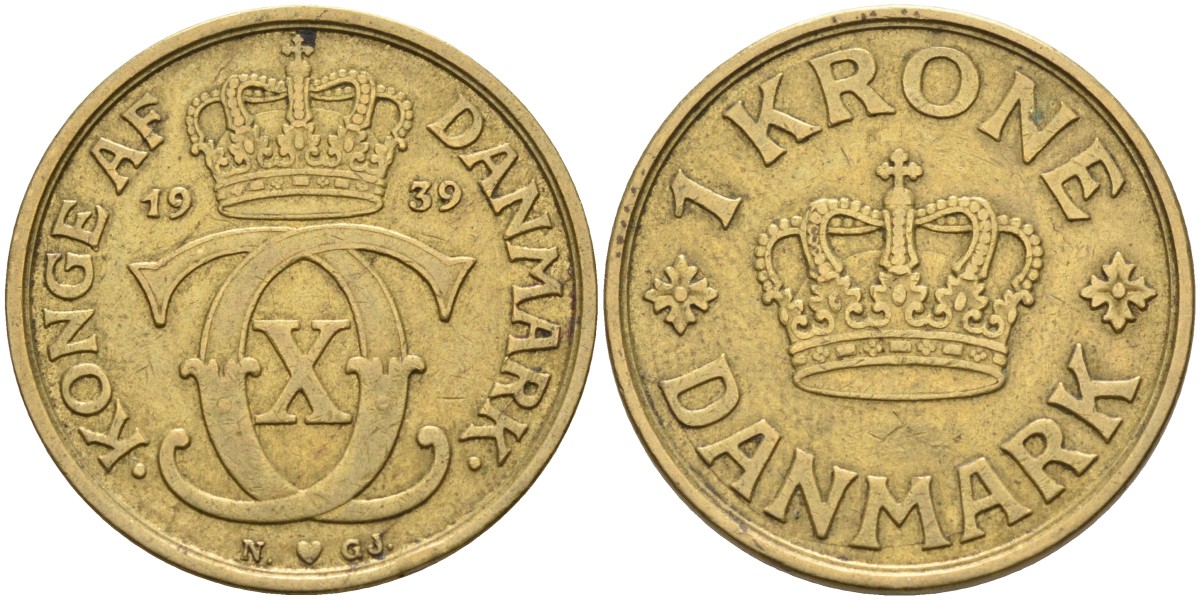 Дания 1 крона 1939 HCN; GJ, Кристиан X (1912-1947) KM 824.2 алюминиевая бронза 4587-1115