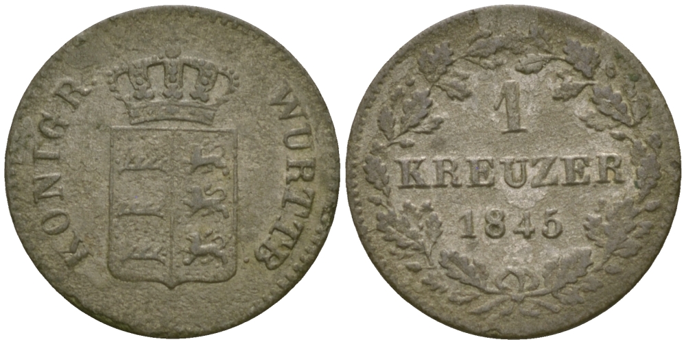 Вюртемберг 1 крейцер 1845 Вильгельм I (1816-1864) KM 590 серебро 99-823