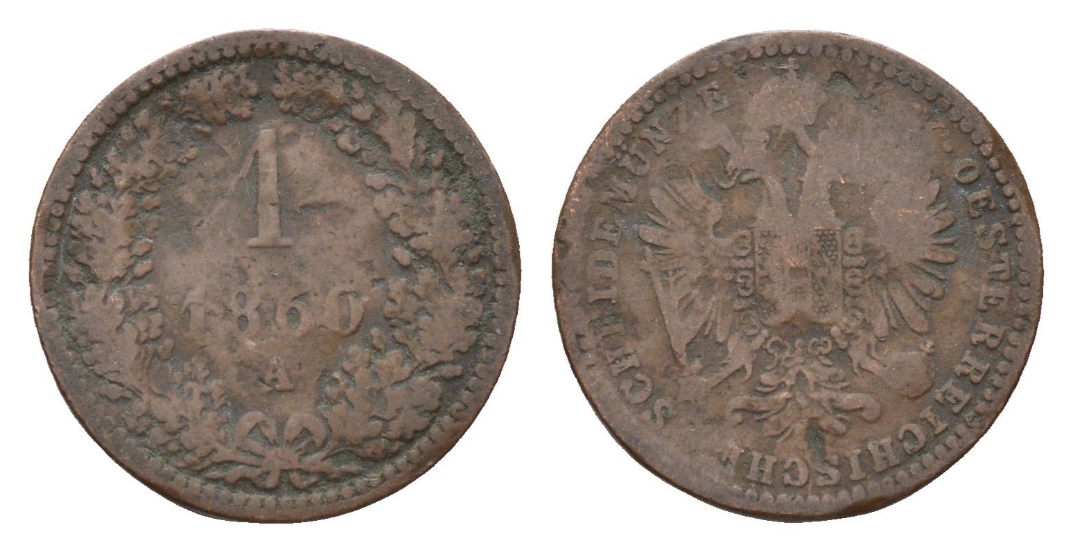 Австрия 1 крейцер 1860 A, Франц Иосиф I (1848-1916) KM 2186 медь 4152-359