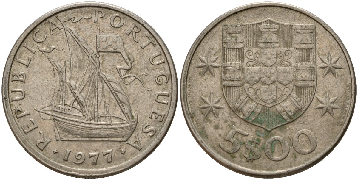 Португалия 5 эскудо 1977 KM 591 медно-никель 4156-544