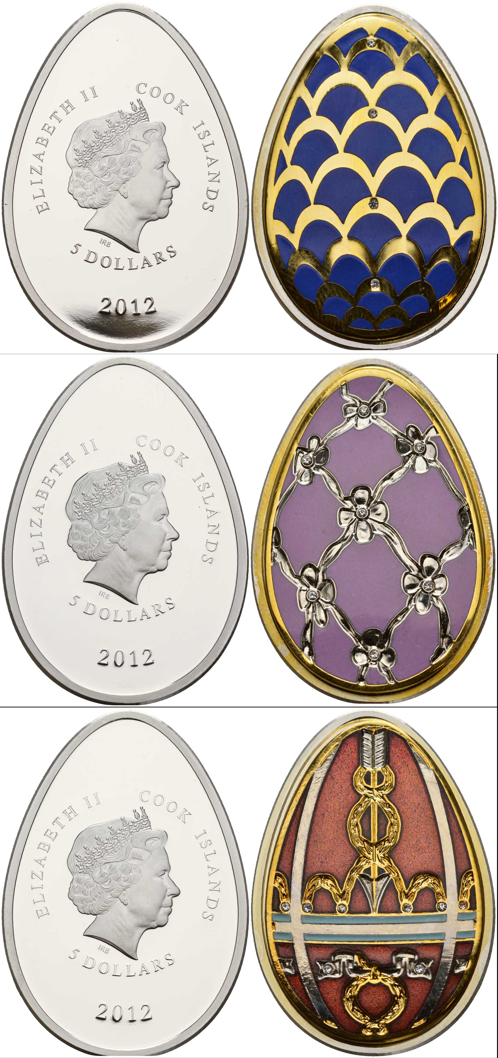Палау 3 монеты по 5 долларов 2012 яйца Фаберже, цветная эмаль, позолота серебро PROOF 1065-1-11