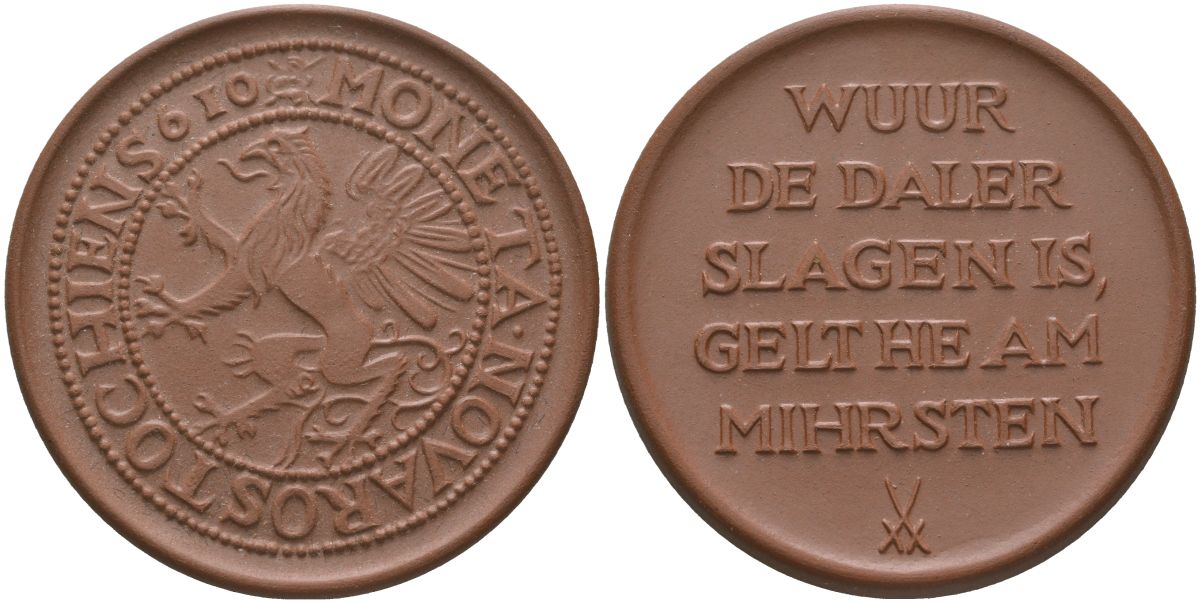 Германия, Росток медаль "печать города Росток" ND фарфоровая мануфактура в Мейсене, вес 12,40 гр, диаметр 43,2 мм фарфор 11-156-45