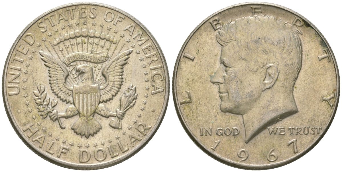 США 1/2 доллара (50 центов) 1967 Джон Кеннеди KM 202a серебро 221-1016