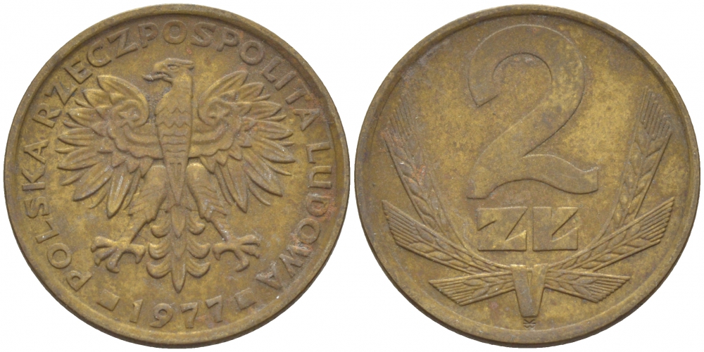ПОЛЬША 2 ЗЛОТЫХ 1977 MW KM 80.1 латунь 112-1264