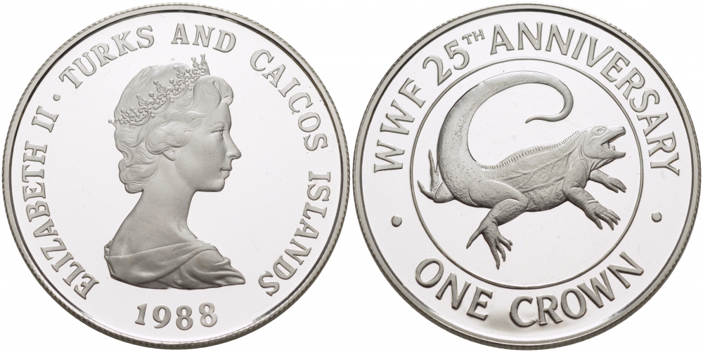 Теркс и Кайкос 1 крона 1988 серия 25 лет защиты окружающей среды, игуана КМ 64 a серебро PROOF 1068-6-41