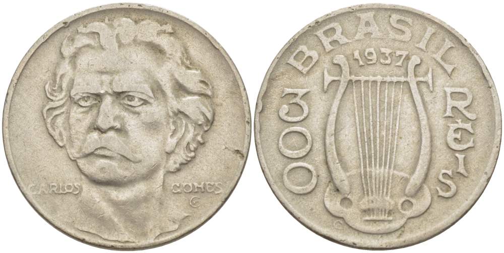 БРАЗИЛИЯ 300 РЕЙС 1937 БРАЗИЛЬСКИЙ КОМПОЗИТОР АНТОНИО КАРЛОС ГОМЕС (1836-1896), АРФА KM 538 медно-никель 4529-614