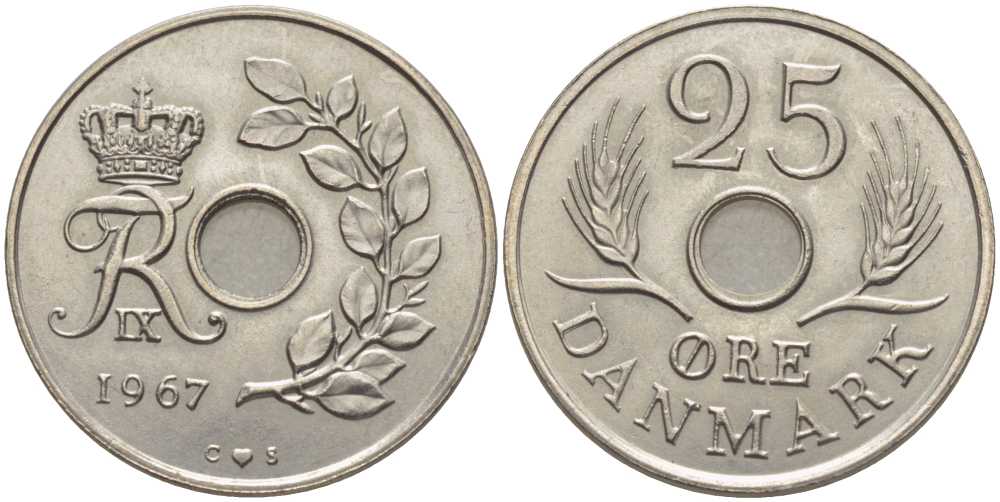 Дания 25 эре 1967 С; S, Фредерик IX (1947-1972) KM 855.1 медно-никель 202-733