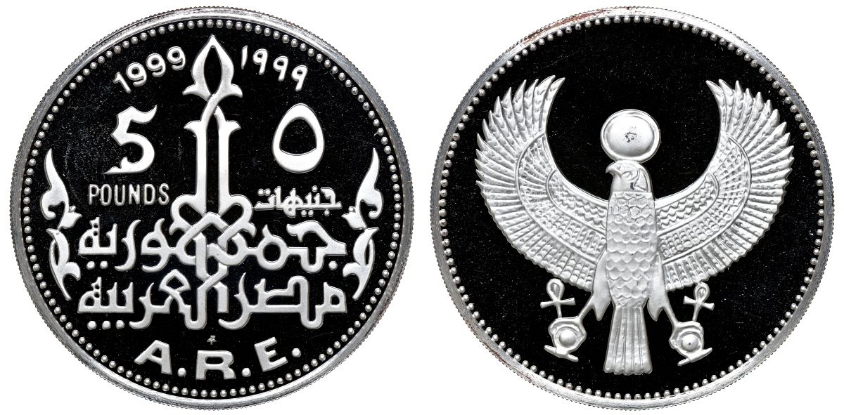 Египет 5 фунтов 1999 священный сокол KM 898 серебро PROOF 1098-4-13