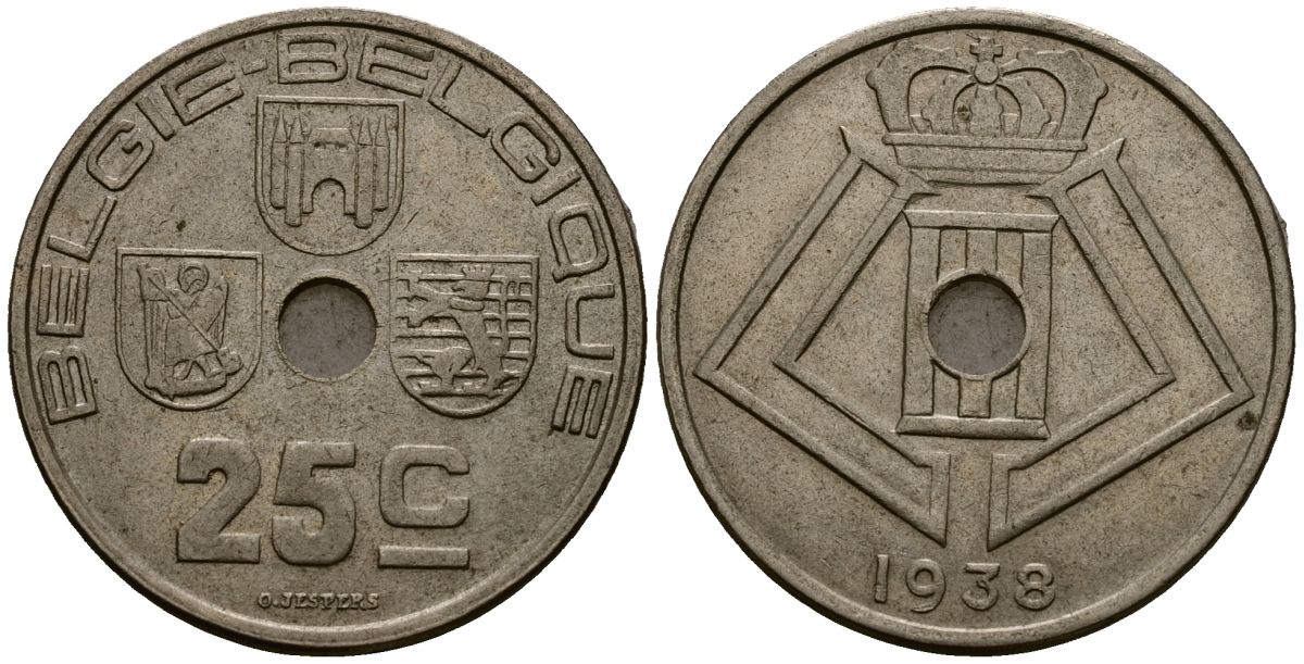 Бельгия 25 сантимов 1938 Belgie - Belgique KM 115 никель латунь 4403-1242