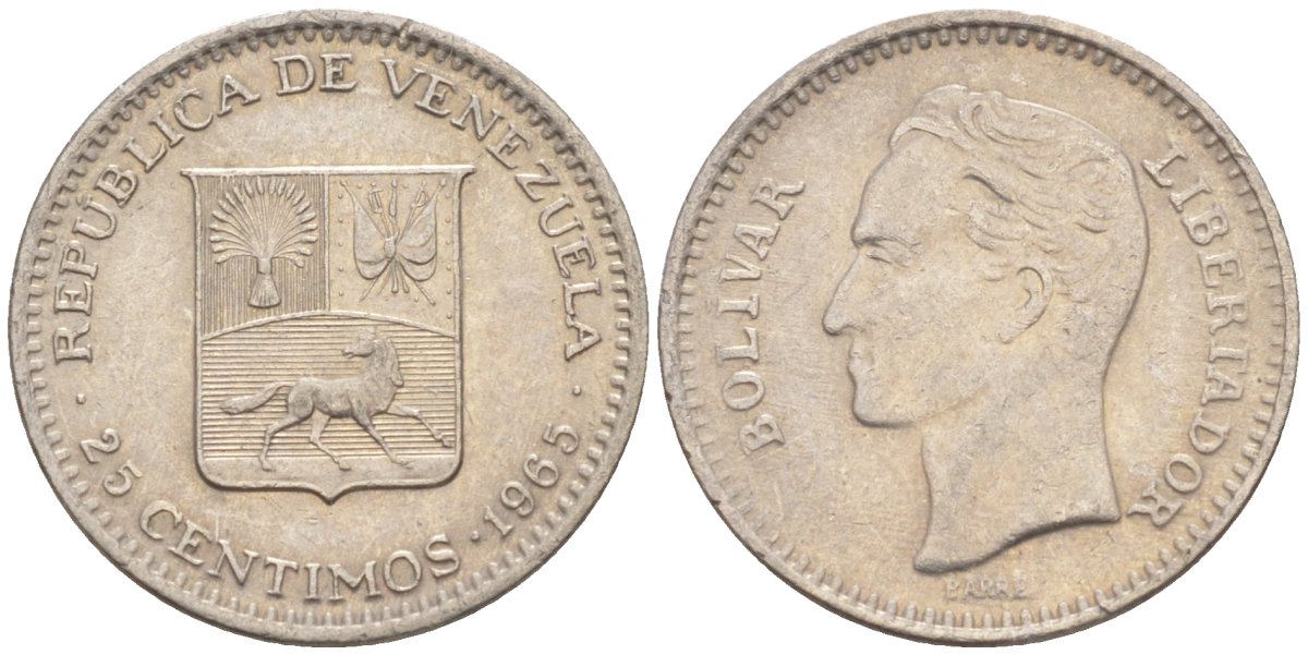 Венесуэла 25 сентимо 1965 Симон Боливар KM 40 никель 187-465
