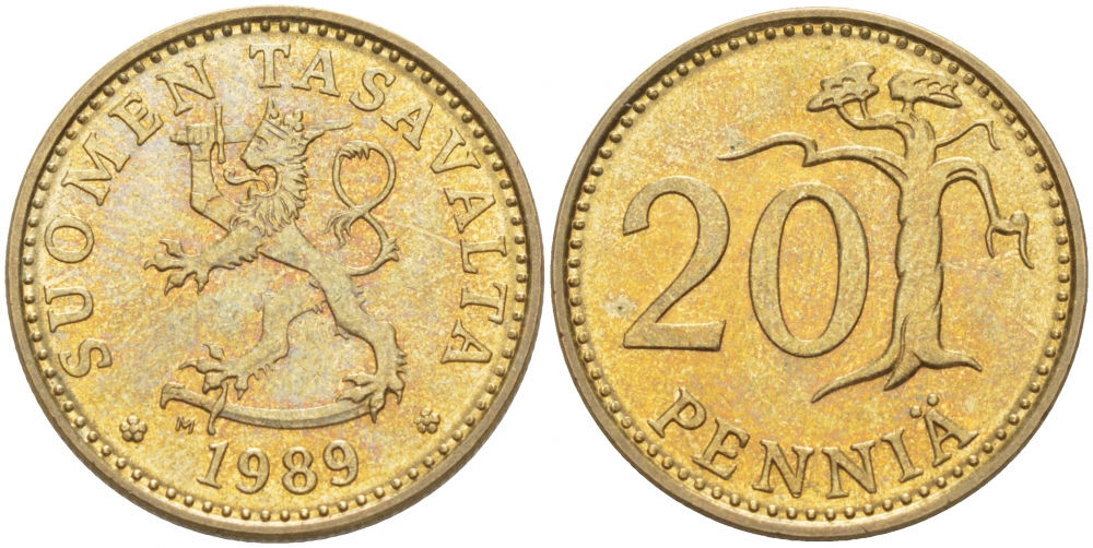 ФИНЛЯНДИЯ 20 ПЕННИ 1989 M KM 47 алюминиевая бронза 3457-842