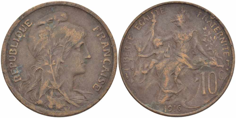 ФРАНЦИЯ 10 САНТИМОВ 1916 ТИП ДАНИЭЛЬ ДЮПЮИ, INCLUS KM 843, LA FRANC 136.28 бронза 109-422