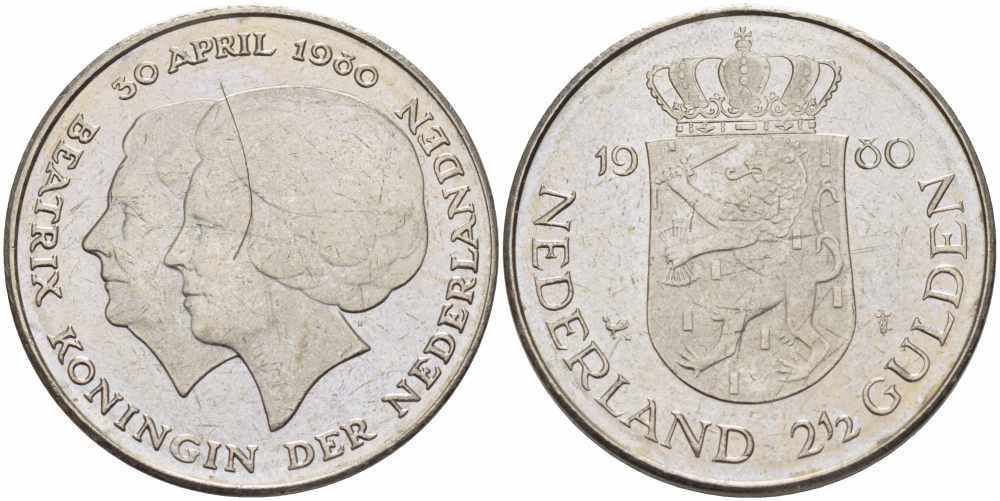 Нидерланды 2 1/2 гульдена 1980 коронация Беатрикс, 30 апреля 1980 KM 201 никель 32-514
