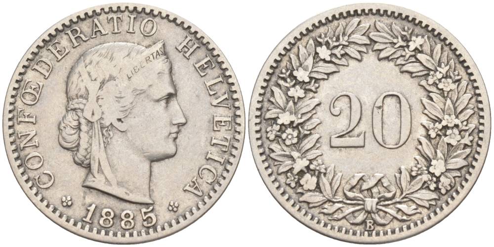 ШВЕЙЦАРИЯ 20 РАППЕНОВ 1885 В KM 29 никель 55-557
