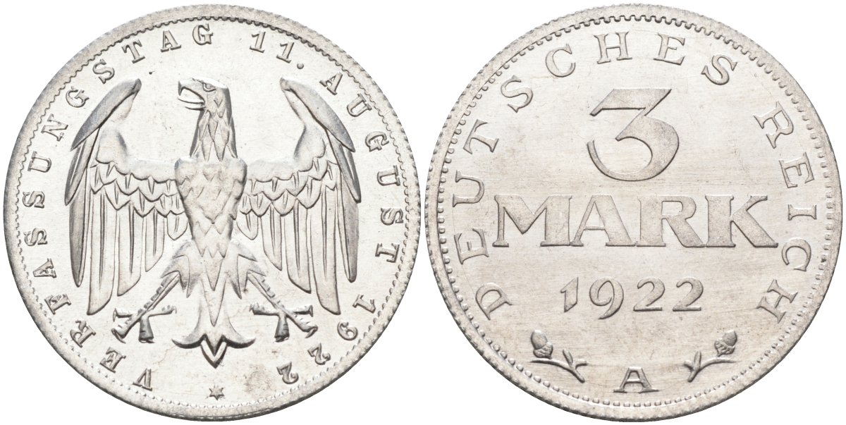 Германия 3 марки 1922 A, третья годовщина Веймарской Конституции KM 29, J.303 алюминий UNC 4587-223
